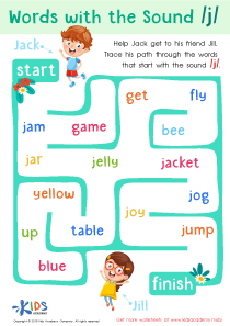 Words with sound j Worksheet: Free Reading Printable PDF for Kids